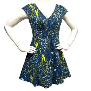 ANTHROPOLOGIE PLENTY BLUE YELLOW FLORAL PAISLEY DESIGN CAP SLEEVE SIZE 2